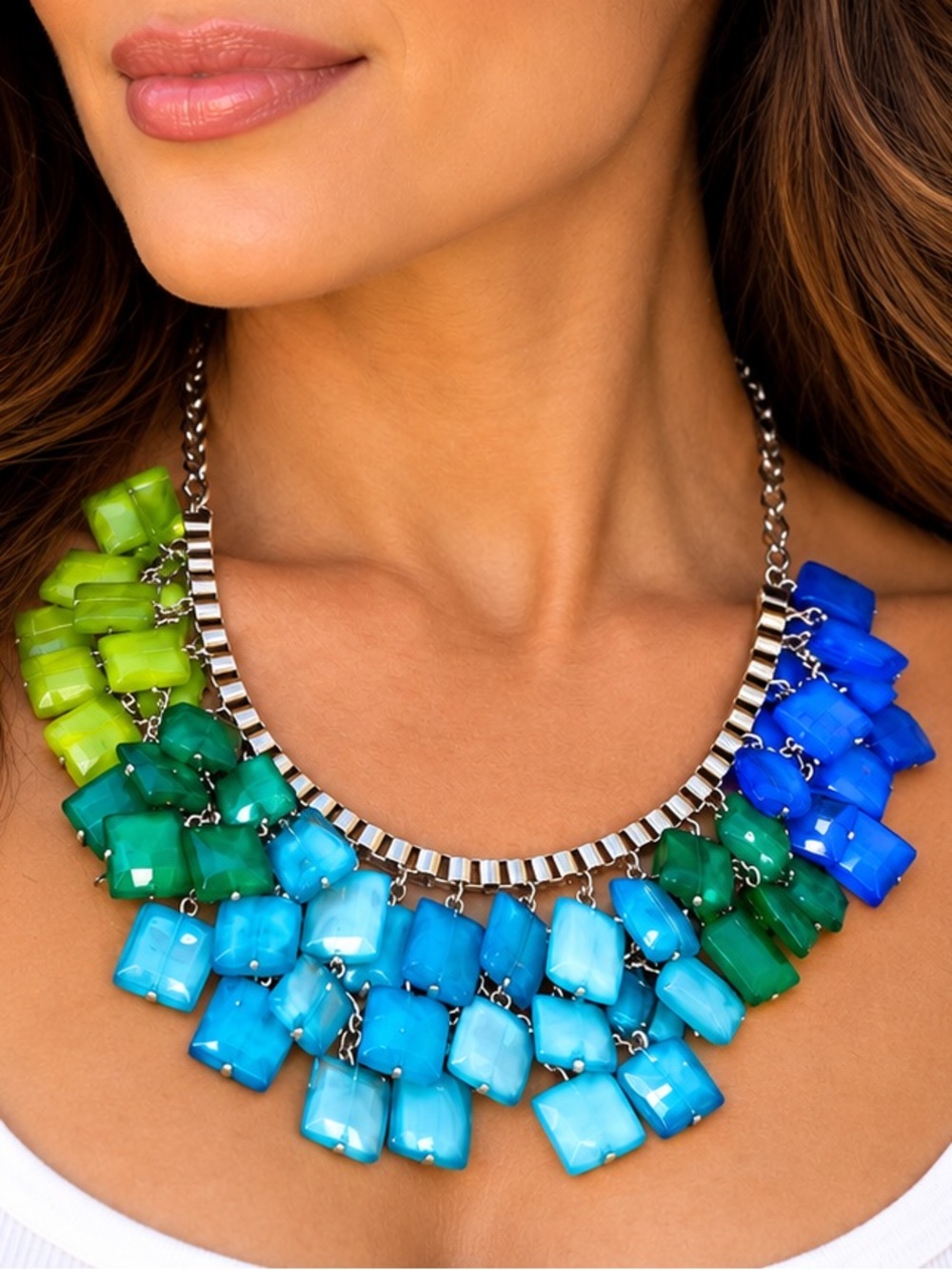 Blue Green Statement Bib Necklace Colorful Geometric Silver Tone